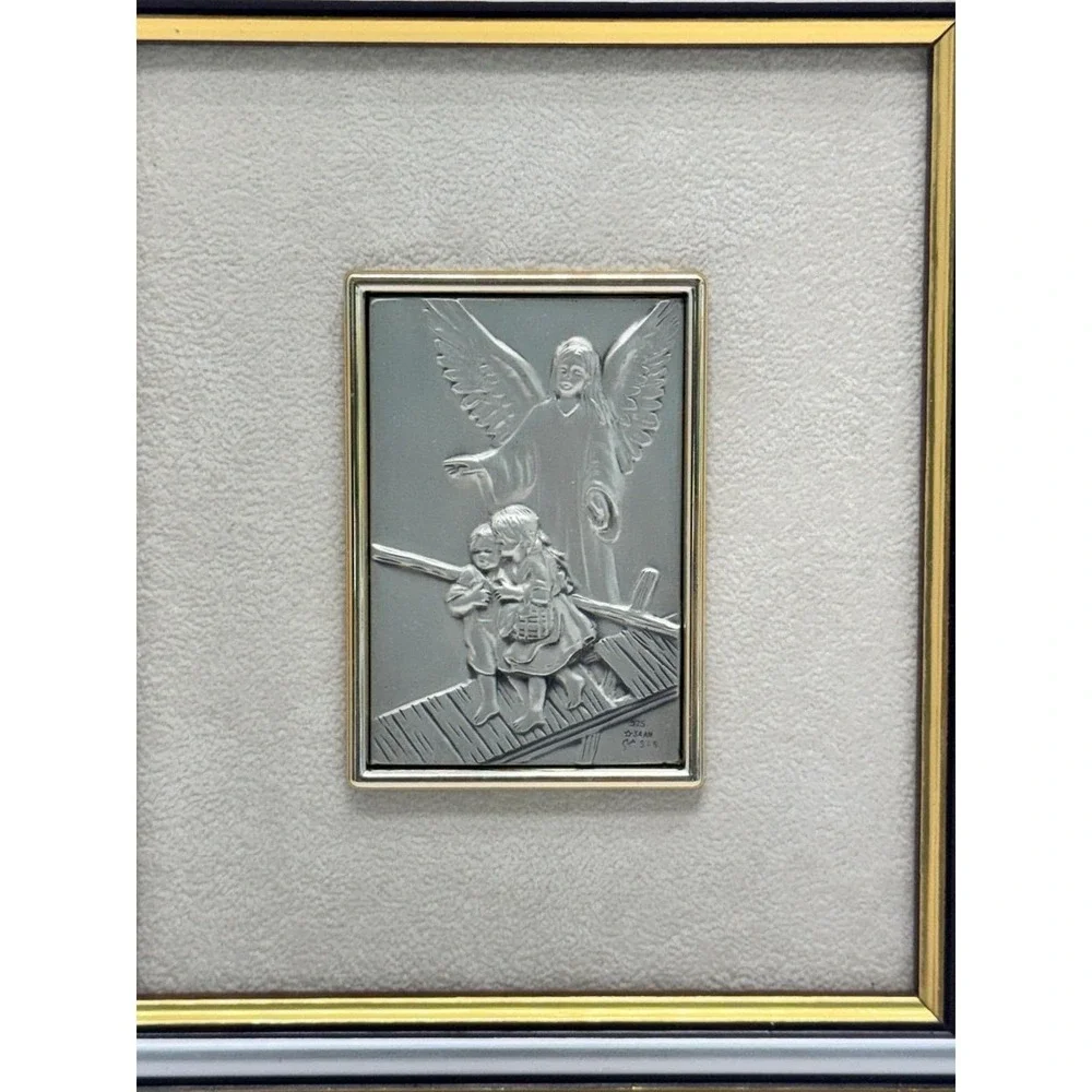 VTG Italian .925 Sterling Silver Guardian Angel Framed Plaque Mint Original Box